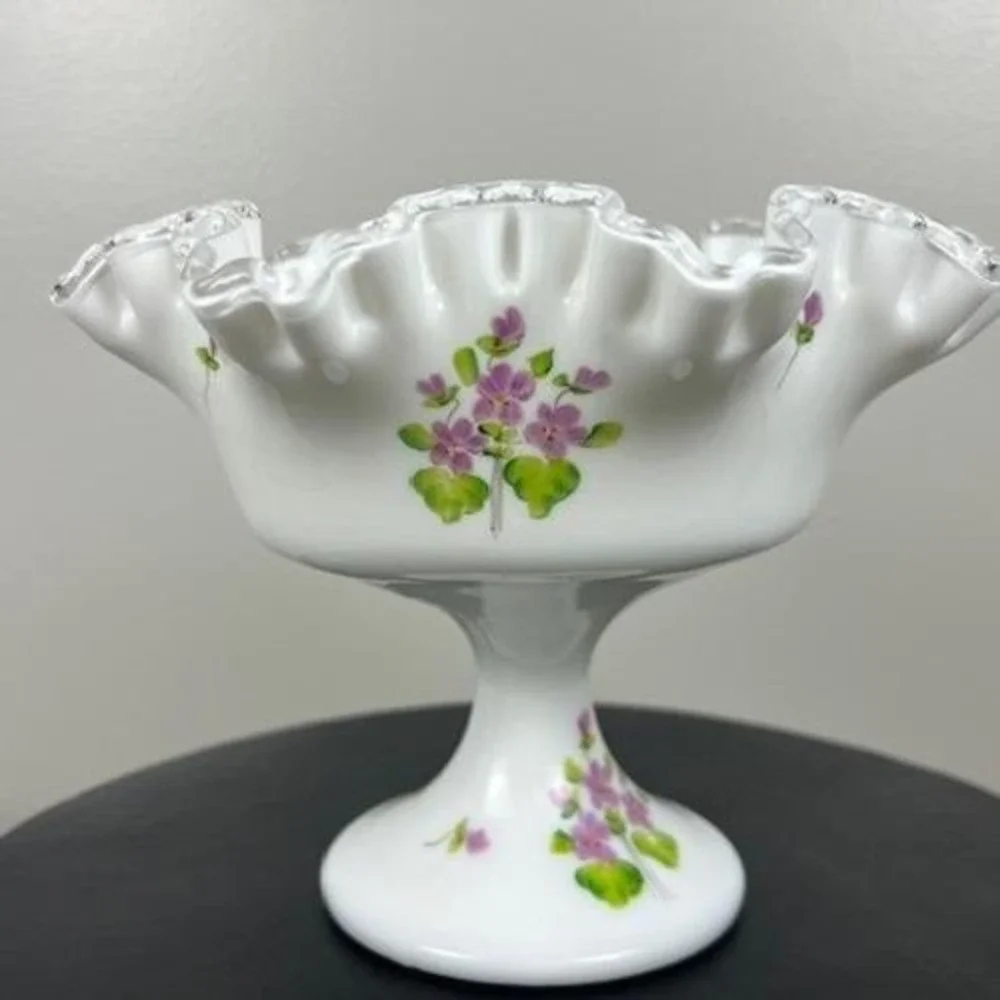 Fenton Milk Glass Violets in the Snow Ruffled Silver Crest Pedestal Compote Bowl